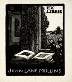 Artist: LINDSAY, Lionel | Title: Bookplate: John Lane Mullins | Date: 1922 | Technique: wood-engraving, printed in black ink, from one block | Copyright: Courtesy of the National Library of Australia
