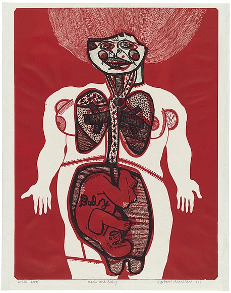 Artist: HANRAHAN, Barbara | Title: Mother and baby | Date: 1966 | Technique: lithograph, printed in red, etching, printed in black ink, from two plates