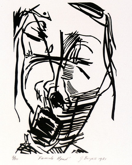Artist: Burgess, Jeff. | Title: Female head [1]. | Date: 1981 | Technique: linocut, printed in black ink, from one block