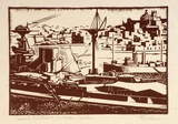 Artist: Hawkins, Weaver. | Title: Grand harbour, Valletta, Malta | Date: c.1928 | Technique: wood-engraving, printed in brown ink, from one block | Copyright: The Estate of H.F Weaver Hawkins