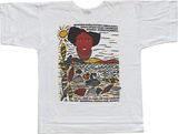 Artist: REDBACK GRAPHIX | Title: T-shirt: Nilimurru djaka dhiyaku yirralkawu/ Care for this country | Date: 1989 | Technique: screenprint, printed in colour, from multiple stencils