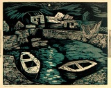 Artist: Adams, Tate. | Title: [Irish] fishing village. | Date: 1954 | Technique: linocut, printed in colour, from three blocks