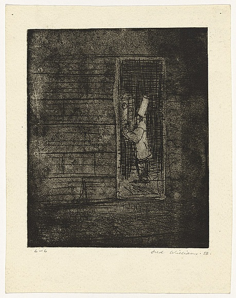 Artist: WILLIAMS, Fred | Title: Cook and time clock | Date: 1954-55 | Technique: etching and aquatint, printed in black ink, from one zinc plate | Copyright: © Fred Williams Estate