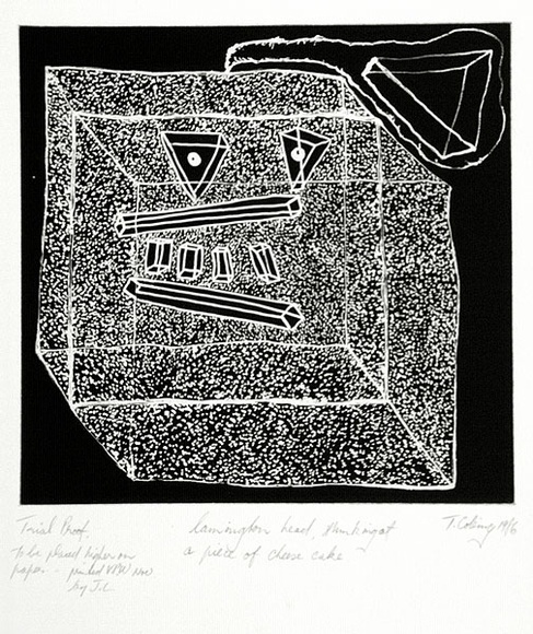 Artist: COLEING, Tony | Title: Lamington head, thinking of a piece of cheesecake. | Date: 1986 | Technique: aquatint, printed in black ink, from one plate