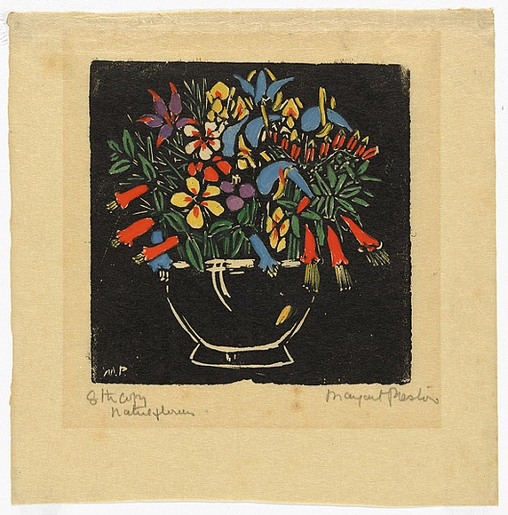 Artist: PRESTON, Margaret | Title: Bowl of native flowers. | Date: 1925 | Technique: woodcut, printed in black ink, from one block; hand-coloured | Copyright: © Margaret Preston. Licensed by VISCOPY, Australia