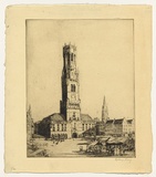Artist: LONG, Sydney | Title: The market place, Bruges | Date: 1920 | Technique: line-etching, drypoint, printed in dark brown ink, from one copper plate | Copyright: Reproduced with the kind permission of the Ophthalmic Research Institute of Australia