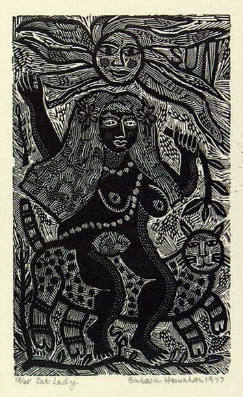 Artist: HANRAHAN, Barbara | Title: Cat lady | Date: 1977 | Technique: wood-engraving, printed in black ink, from one block