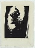 Artist: AMOR, Rick | Title: [man being lowered into sharft] | Date: 1984 | Technique: linocut, printed in black ink, from one block | Copyright: © Rick Amor. Licensed by VISCOPY, Australia.