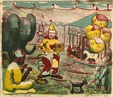 Artist: ROSENGRAVE, Harry | Title: The rope trick | Date: 1953 | Technique: lithograph, printed in colour, printed from multiple stones [or plates], from four stones