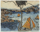 Artist: PRESTON, Margaret | Title: The boat, Sydney Harbour. | Date: c.1920 | Technique: woodcut, printed in black ink, from one block; hand-coloured | Copyright: © Margaret Preston. Licensed by VISCOPY, Australia