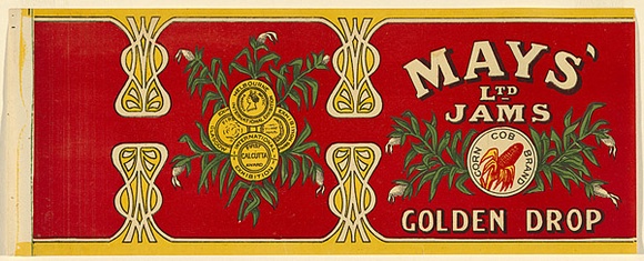 Artist: UNKNOWN | Title: Label: Mays' Limited, jams. Golden drop | Date: c.1920 | Technique: lithograph, printed in colour, from multiple stones [or plates]