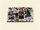 Artist: HANRAHAN, Barbara | Title: Girls and birds | Date: 1988 | Technique: linocut, printed in black ink, from one block, hand-coloured