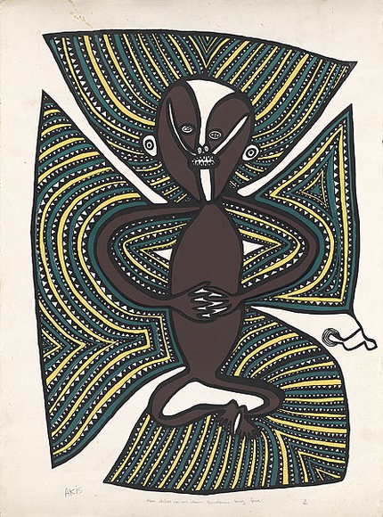 Artist: Akis, Timothy | Title: Man ibilas na em ikan sindaun long faia  [Man with painted face sitting on a fire]. | Date: c.1983 | Technique: photo-screenprint, printed in colour, from four stencils