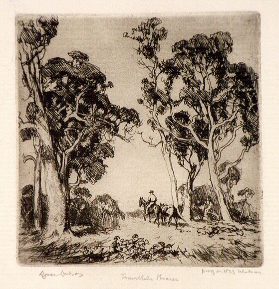 Artist: b'LINDSAY, Lionel' | Title: b'Travelling shearer' | Date: 1919 | Technique: b'etching, printed in black ink, from one plate' | Copyright: b'Courtesy of the National Library of Australia' Artist: b'LINDSAY, Lionel' | Title: b'Travelling shearer' | Date: 1919 | Technique: b'etching, printed in black ink, from one plate' | Copyright: b'Courtesy of the National Library of Australia'