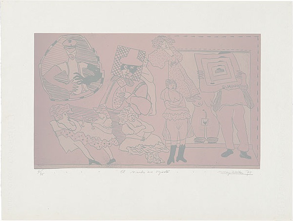 Artist: b'WALKER, Murray' | Title: b'El Mundo and vignettes.' | Date: 1975 | Technique: b'linocut, printed in colour, from multiple blocks'