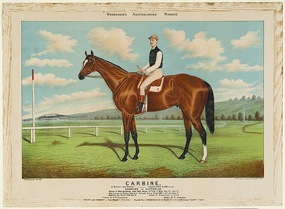 Artist: b'Woodhouse, Frederick Junior.' | Title: bWoodhouse's Australasian Winner's, Carbine. | Date: 1893 | Technique: b'lithograph, printd in colour, from multiple stones; hand-coloured' Artist: b'Woodhouse, Frederick Junior.' | Title: bWoodhouse's Australasian Winner's, Carbine. | Date: 1893 | Technique: b'lithograph, printd in colour, from multiple stones; hand-coloured'