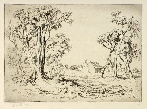 Artist: b'LINDSAY, Lionel' | Title: b'The return' | Date: c.1950 | Technique: b'etching, printed in black ink, from one plate' | Copyright: b'Courtesy of the National Library of Australia' Artist: b'LINDSAY, Lionel' | Title: b'The return' | Date: c.1950 | Technique: b'etching, printed in black ink, from one plate' | Copyright: b'Courtesy of the National Library of Australia'