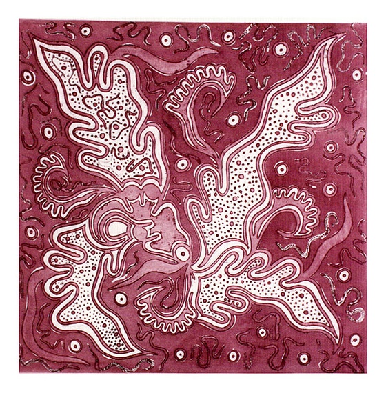 Artist: b'TAPAYA, Nyuwara' | Title: b'Liru kulunypa tjuta' | Date: 1995 | Technique: b'aquatint, sugarlift and etching, printed in red ink, from one  plate'