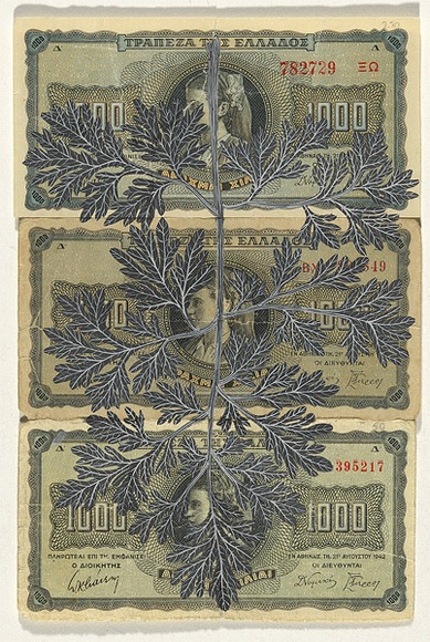 Artist: b'HALL, Fiona' | Title: b'Artemisia absinthium - Absinth (Greek currency)' | Date: 2000 - 2002 | Technique: b'gouache' | Copyright: b'\xc2\xa9 Fiona Hall' Artist: b'HALL, Fiona' | Title: b'Artemisia absinthium - Absinth (Greek currency)' | Date: 2000 - 2002 | Technique: b'gouache' | Copyright: b'\xc2\xa9 Fiona Hall'