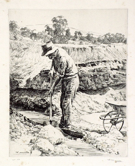 Artist: b'Warner, Alfred Edward.' | Title: b'The prospector' | Date: 1935 | Technique: b'etching, printed in black ink, from one plate' Artist: b'Warner, Alfred Edward.' | Title: b'The prospector' | Date: 1935 | Technique: b'etching, printed in black ink, from one plate'