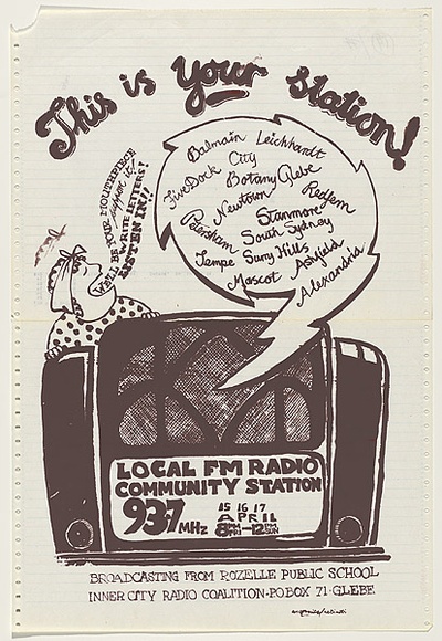Artist: b'UNKNOWN' | Title: b'This is your station...93.7 FM. Inner city radio coalition.' | Date: 1977 | Technique: b'screenprint, printed in black ink, from one stencil' Artist: b'UNKNOWN' | Title: b'This is your station...93.7 FM. Inner city radio coalition.' | Date: 1977 | Technique: b'screenprint, printed in black ink, from one stencil'