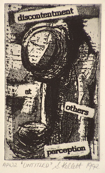 Artist: b'Kellet, Sarah.' | Title: b'Untitled' | Date: 1992, June | Technique: b'aquatint, printed in black ink, from one plate' Artist: b'Kellet, Sarah.' | Title: b'Untitled' | Date: 1992, June | Technique: b'aquatint, printed in black ink, from one plate'