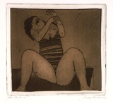 Artist: BALDESSIN, George | Title: Performer. | Date: 1973 | Technique: etching and aquatint, printed in black ink, from one plate; over stencil, printed in brown ink, from one stencil.