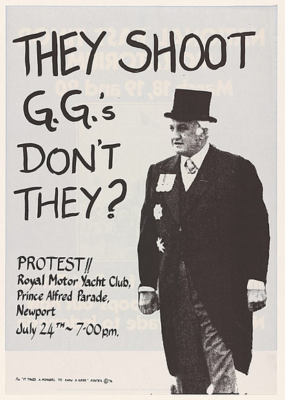 Artist: b'MACKINOLTY, Chips' | Title: bThey shoot G.G.'s don't they? | Date: 1976 | Technique: b'screenprint, printed in colour, from one stencil' Artist: b'MACKINOLTY, Chips' | Title: bThey shoot G.G.'s don't they? | Date: 1976 | Technique: b'screenprint, printed in colour, from one stencil'