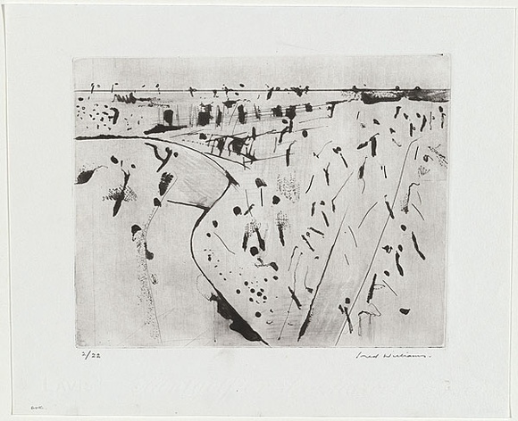 Artist: b'WILLIAMS, Fred' | Title: b'Plenty Gorge' | Date: 1973 | Technique: b'electric hand engraving tool, roulette, engraving and drypoint, printed in black ink, from one copper plate' | Copyright: b'\xc2\xa9 Fred Williams Estate' Artist: b'WILLIAMS, Fred' | Title: b'Plenty Gorge' | Date: 1973 | Technique: b'electric hand engraving tool, roulette, engraving and drypoint, printed in black ink, from one copper plate' | Copyright: b'\xc2\xa9 Fred Williams Estate'