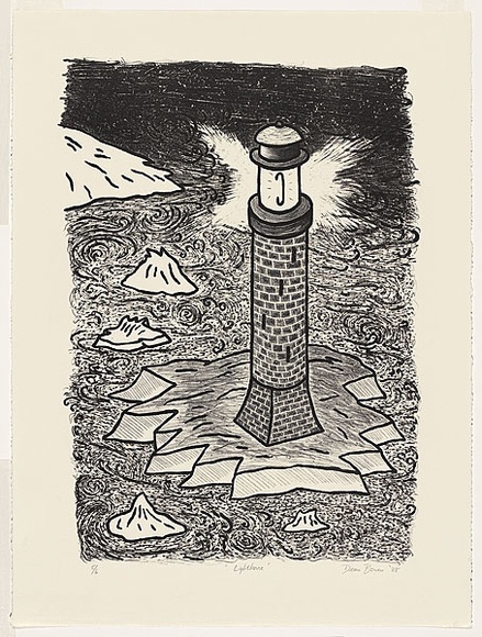 Artist: b'Bowen, Dean.' | Title: b'Lighthouse.' | Date: 1988 | Technique: b'lithograph, printed in colour, from two stones (yellow and black)' | Copyright: b'\xc2\xa9 Dean Bowen' Artist: b'Bowen, Dean.' | Title: b'Lighthouse.' | Date: 1988 | Technique: b'lithograph, printed in colour, from two stones (yellow and black)' | Copyright: b'\xc2\xa9 Dean Bowen'