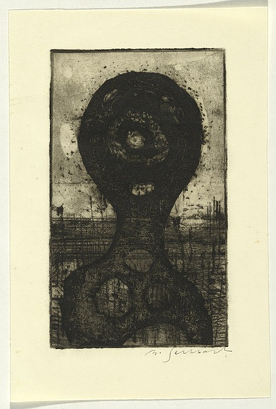 Artist: b'SELLBACH, Udo' | Title: b'(Head, target and landscape)' | Date: 1965 | Technique: b'etching printed in black ink, from one plate' Artist: b'SELLBACH, Udo' | Title: b'(Head, target and landscape)' | Date: 1965 | Technique: b'etching printed in black ink, from one plate'