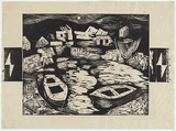 Artist: Adams, Tate. | Title: (Irish fishing village). | Date: 1954 | Technique: linocut, printed in black ink, from one block