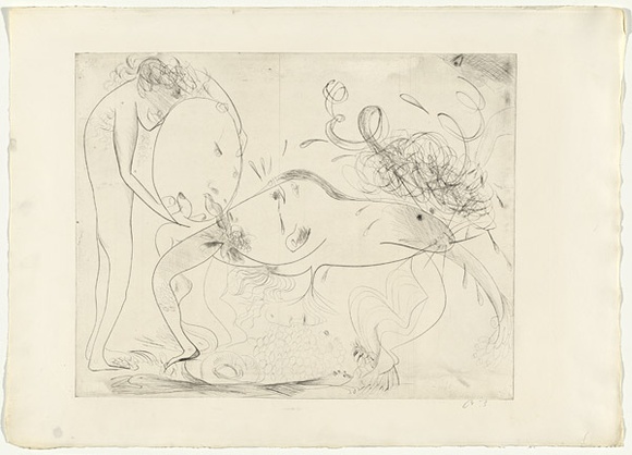 Artist: b'BOYD, Arthur' | Title: b'Figure and doubleheaded beast with rams horns.' | Date: (1968-69) | Technique: b'etching, printed in black ink, from one plate' | Copyright: b'Reproduced with permission of Bundanon Trust' Artist: b'BOYD, Arthur' | Title: b'Figure and doubleheaded beast with rams horns.' | Date: (1968-69) | Technique: b'etching, printed in black ink, from one plate' | Copyright: b'Reproduced with permission of Bundanon Trust'