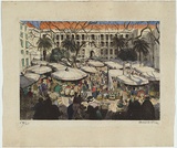 Artist: Carrick, Ethel. | Title: The fruit and vegetable market, Nice. | Date: 1933 | Technique: lithograph, printed in black ink, from one stone; hand-coloured in watercolour