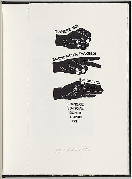 Artist: b'White, Robin.' | Title: b'Not titled (paper, scissors, rock).' | Date: 1985 | Technique: b'woodcut, printed in black ink, from one block' Artist: b'White, Robin.' | Title: b'Not titled (paper, scissors, rock).' | Date: 1985 | Technique: b'woodcut, printed in black ink, from one block'