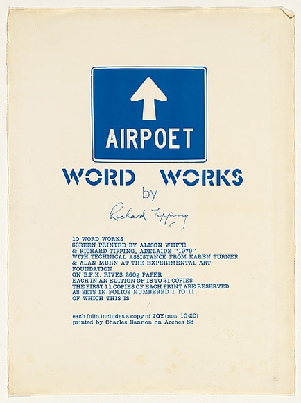 Artist: b'TIPPING, Richard' | Title: b'Airpoet word works.' | Date: 1979 | Technique: b'screenprint, printed in blue ink, from one stencil' Artist: b'TIPPING, Richard' | Title: b'Airpoet word works.' | Date: 1979 | Technique: b'screenprint, printed in blue ink, from one stencil'