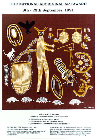 Artist: b'Harney, Bill.' | Title: b'The National Aboriginal Art Award 1991' | Date: 1991 | Technique: b'screenprint, printed in colour, from multiple stencils' Artist: b'Harney, Bill.' | Title: b'The National Aboriginal Art Award 1991' | Date: 1991 | Technique: b'screenprint, printed in colour, from multiple stencils'