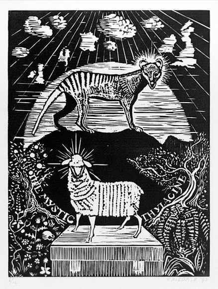 Artist: b'Beaukenkamp, Frieda.' | Title: b'The adoration of the Thylacine.' | Date: 1992 | Technique: b'linocut, printed in black ink, from one block' Artist: b'Beaukenkamp, Frieda.' | Title: b'The adoration of the Thylacine.' | Date: 1992 | Technique: b'linocut, printed in black ink, from one block'