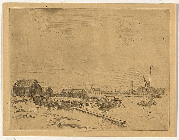 Artist: b'Bell, George..' | Title: b'(River with boats and buildings).' | Date: c.1912 | Technique: b'etching, printed in black ink, from one plate' Artist: b'Bell, George..' | Title: b'(River with boats and buildings).' | Date: c.1912 | Technique: b'etching, printed in black ink, from one plate'