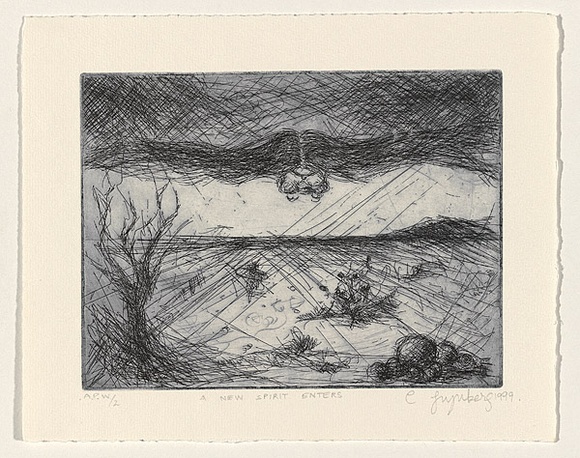 Artist: b'Grynberg, Carmella.' | Title: b'A new spirit enters' | Date: 1999, 5 November | Technique: b'etching and drypoint, printed in black ink, from one plate' Artist: b'Grynberg, Carmella.' | Title: b'A new spirit enters' | Date: 1999, 5 November | Technique: b'etching and drypoint, printed in black ink, from one plate'