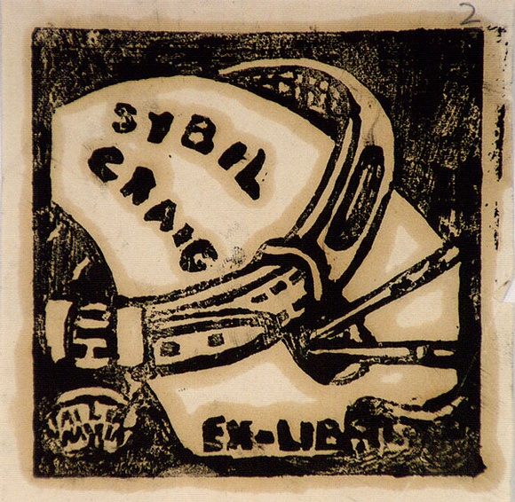 Artist: b'Craig, Sybil.' | Title: b'Bookplate: Sybil Craig (tail wagger).' | Technique: b'linocut, printed in black ink, from one block' Artist: b'Craig, Sybil.' | Title: b'Bookplate: Sybil Craig (tail wagger).' | Technique: b'linocut, printed in black ink, from one block'