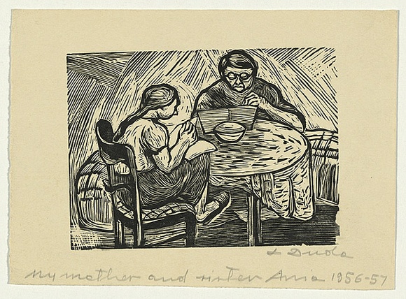 Artist: b'Groblicka, Lidia.' | Title: b'My mother and sister Ania' | Date: 1956-57 | Technique: b'woodcut, printed in black ink, from one block' Artist: b'Groblicka, Lidia.' | Title: b'My mother and sister Ania' | Date: 1956-57 | Technique: b'woodcut, printed in black ink, from one block'