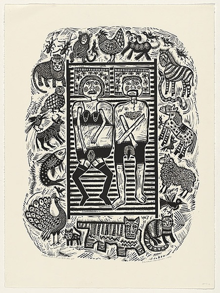 Artist: b'HANRAHAN, Barbara' | Title: b'Adam and Eve in bed' | Date: 1989 | Technique: b'linocut, printed in black ink, from one block' Artist: b'HANRAHAN, Barbara' | Title: b'Adam and Eve in bed' | Date: 1989 | Technique: b'linocut, printed in black ink, from one block'