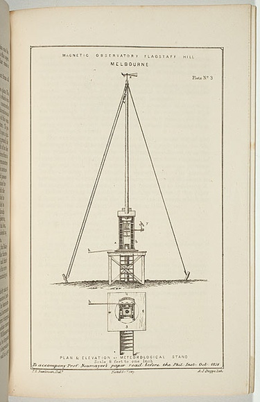Title: b'Magnetic observatory Flagstaff Hill, Melbourne, plan and elevation of meteorological stand.' | Date: 1858-1859 | Technique: b'lithograph, printed in black ink, from one stone' Title: b'Magnetic observatory Flagstaff Hill, Melbourne, plan and elevation of meteorological stand.' | Date: 1858-1859 | Technique: b'lithograph, printed in black ink, from one stone'
