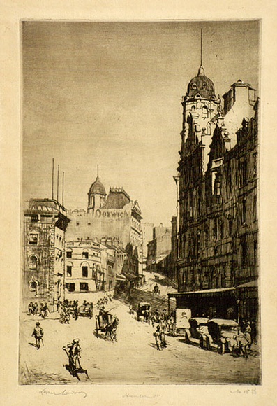 Artist: b'LINDSAY, Lionel' | Title: b'Hunter Street, Sydney' | Date: 1922 | Technique: b'etching, printed in brown ink with plate-tone, from one plate' | Copyright: b'Courtesy of the National Library of Australia' Artist: b'LINDSAY, Lionel' | Title: b'Hunter Street, Sydney' | Date: 1922 | Technique: b'etching, printed in brown ink with plate-tone, from one plate' | Copyright: b'Courtesy of the National Library of Australia'