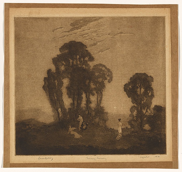 Artist: LINDSAY, Lionel | Title: Evening harmony | Date: 1919 | Technique: spirit-aquatint, printed in brown ink with plate-tone with wiped highlights, from one plate | Copyright: Courtesy of the National Library of Australia Artist: LINDSAY, Lionel | Title: Evening harmony | Date: 1919 | Technique: spirit-aquatint, printed in brown ink with plate-tone with wiped highlights, from one plate | Copyright: Courtesy of the National Library of Australia