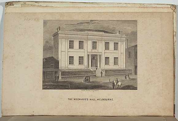 Artist: b'Ham Brothers.' | Title: bThe mechanic's hall, Melbourne. | Date: 1850 | Technique: b'engraving, printed in black ink, from one copper plate' Artist: b'Ham Brothers.' | Title: bThe mechanic's hall, Melbourne. | Date: 1850 | Technique: b'engraving, printed in black ink, from one copper plate'
