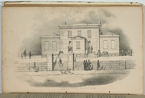Artist: b'Ham Brothers.' | Title: b'Police office, Melbourne.' | Date: 1850 | Technique: b'lithograph, printed in black ink, from one stone'