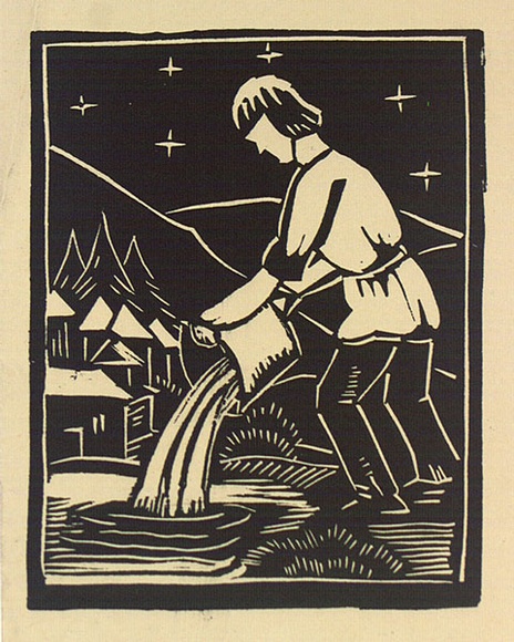 Artist: b'Allen, Joyce.' | Title: b'(The giant pouring water).' | Date: 1948 | Technique: b'linocut, printed in black ink, from one block' Artist: b'Allen, Joyce.' | Title: b'(The giant pouring water).' | Date: 1948 | Technique: b'linocut, printed in black ink, from one block'