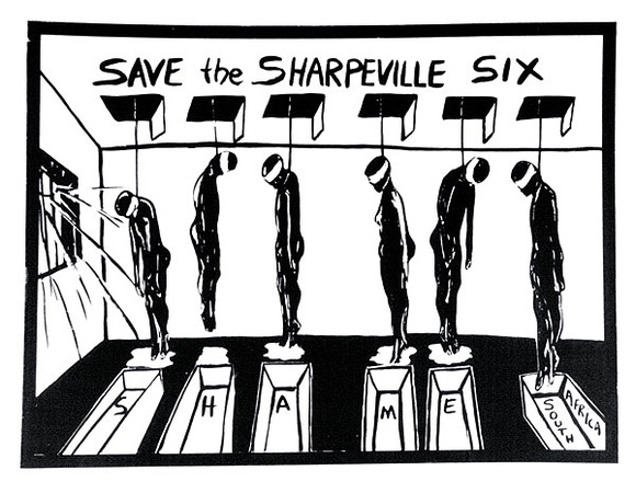 Artist: b'Gibb, Viva Jillian.' | Title: b'Save the Sharpeville six' | Date: 1988 | Technique: b'screenprint, printed in black ink, from one stencil'